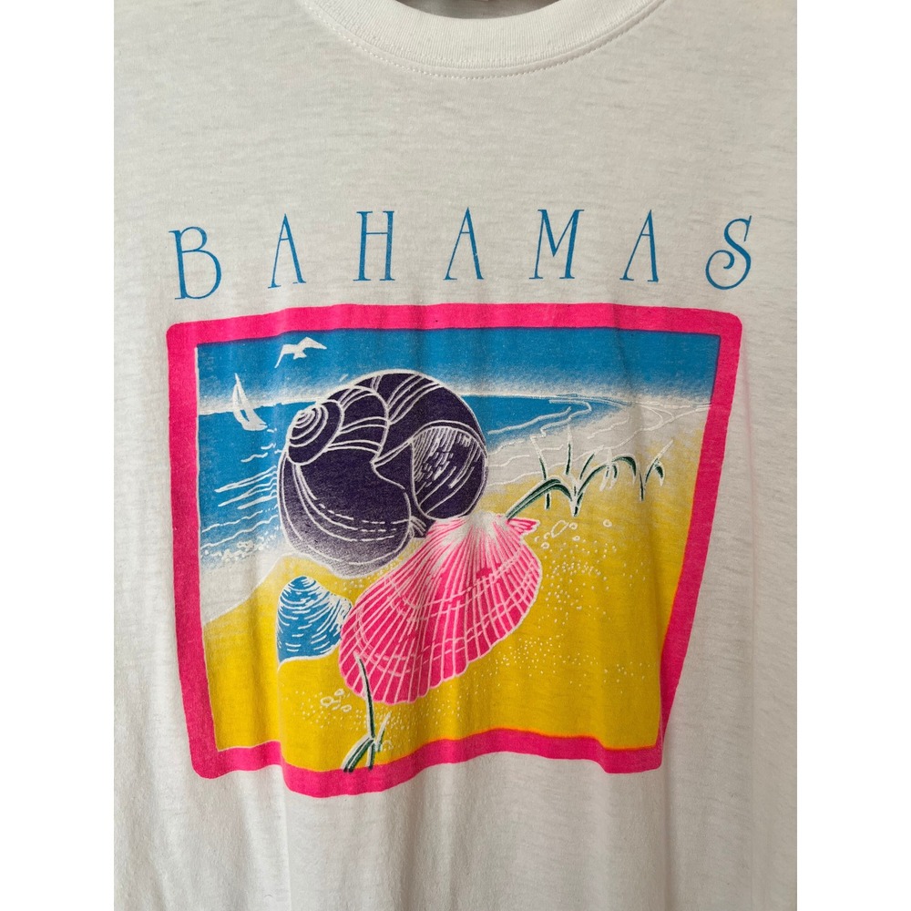 Vintage Bahamas Graphic T-Shirt White Seashell Beach Souvenir Tee Large - Picture 3 of 7